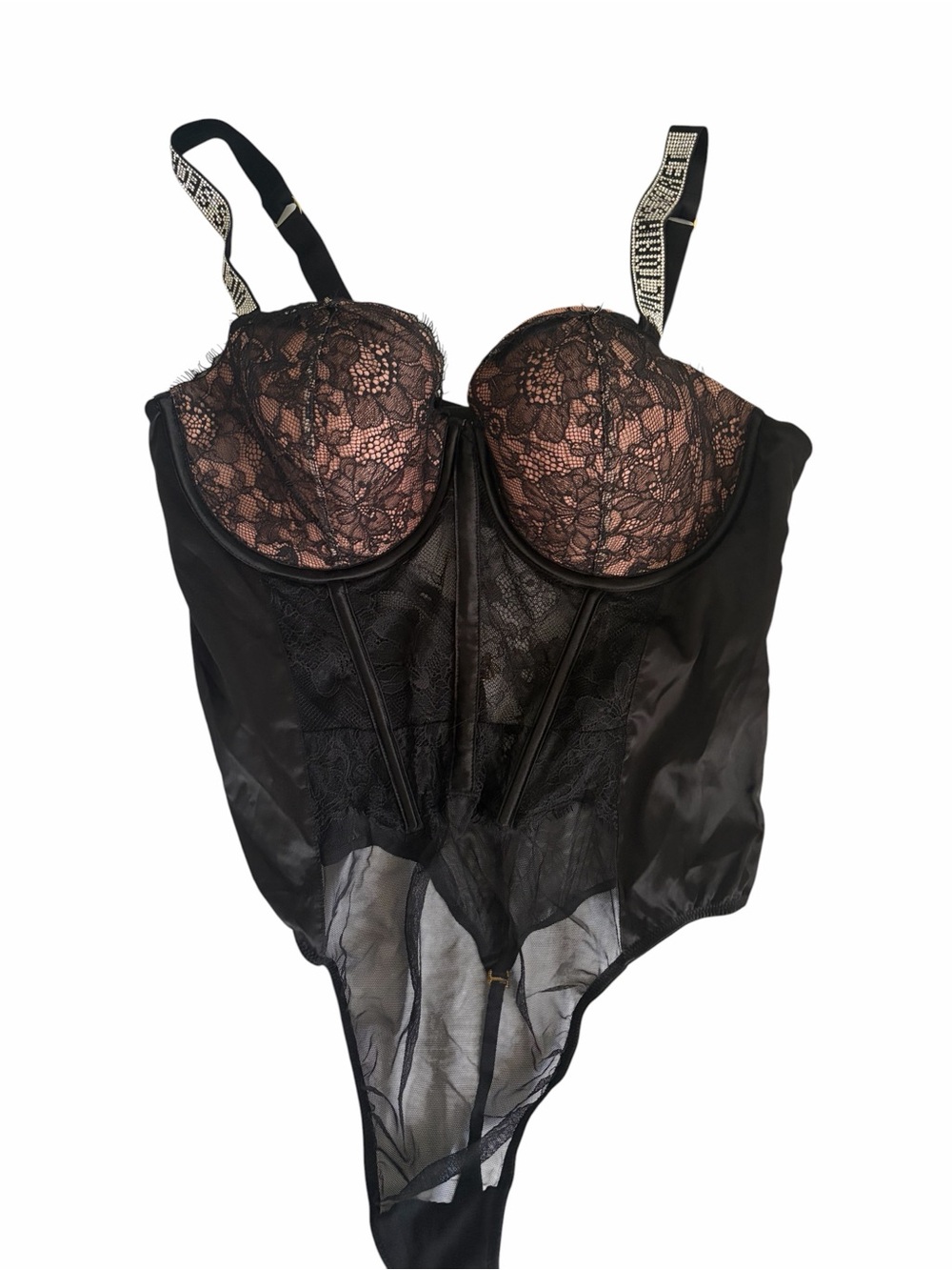 Victorias Secret Black & Nude Lace Rhinestone Strap Corset Bodysuit NWOT Size XL